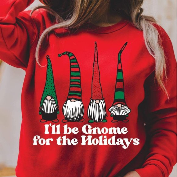 New Gildan Heavy Blend Sweatshirt Gnomes " I'll Be Home for the Holidays" Red XL - Picture 1 of 2